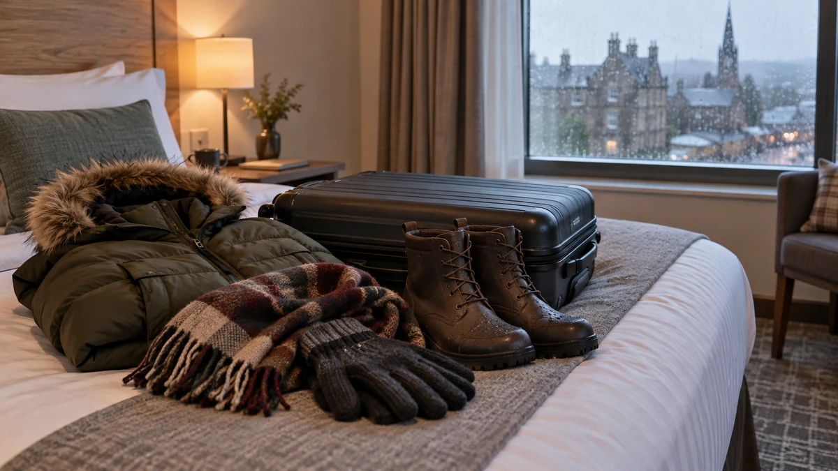 Waterproof boots and warm clothes prepared for winter travel