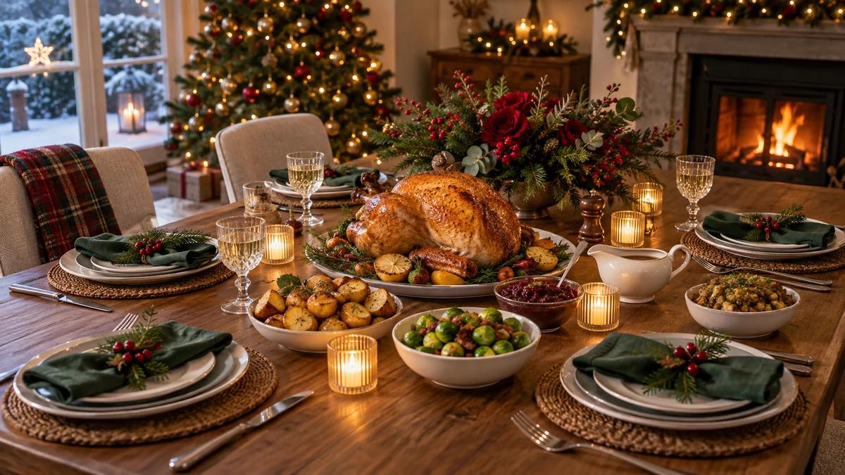 Welcoming Christmas dinner table with clear serving space