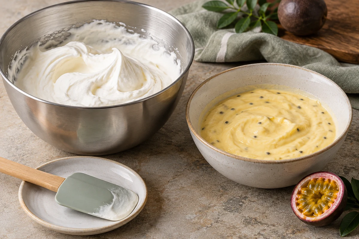 Whipped cream beside a bowl of passion fruit mousse mixture Whipped cream beside a bowl of passion fruit mousse mixture