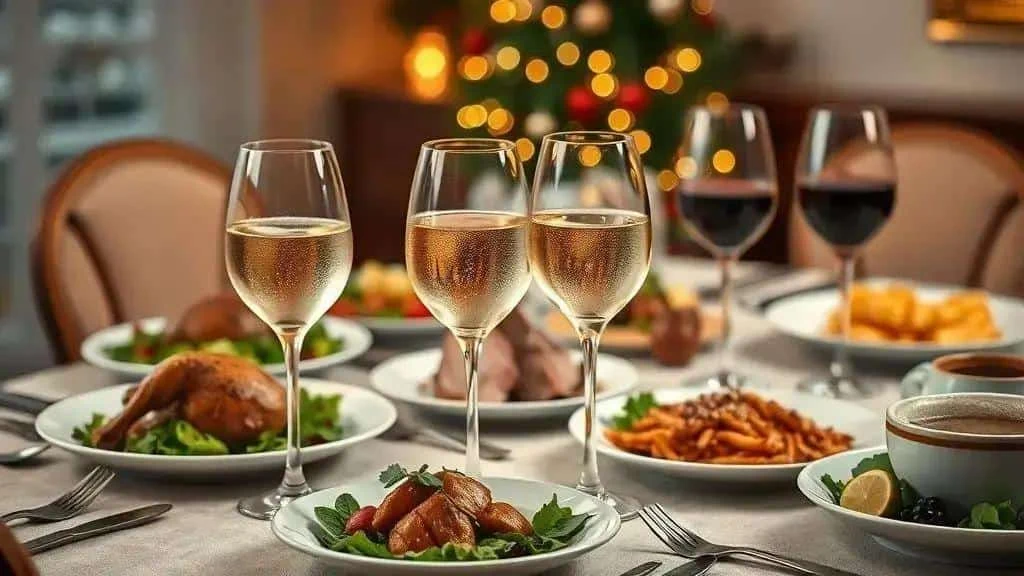 White and red wine glasses beside roast dishes on a Christmas table