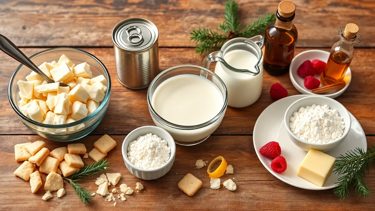 White chocolate, cream, milk, biscuits and cornflour for a layered dessert