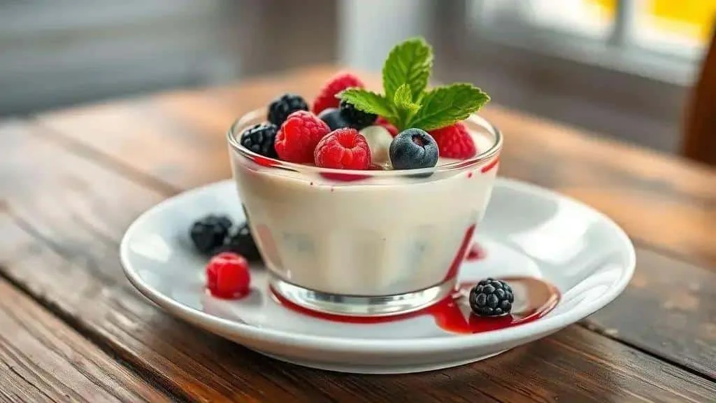 White chocolate mousse topped with mixed berries