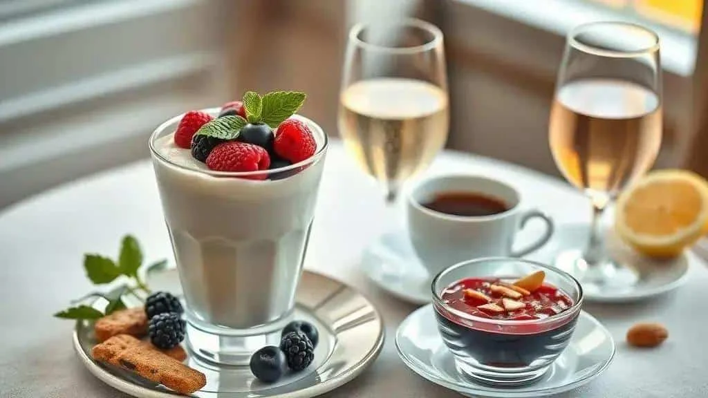 White chocolate mousse with drinks and biscuits