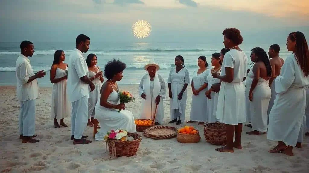 White-clothed community gathering on a Brazilian beach