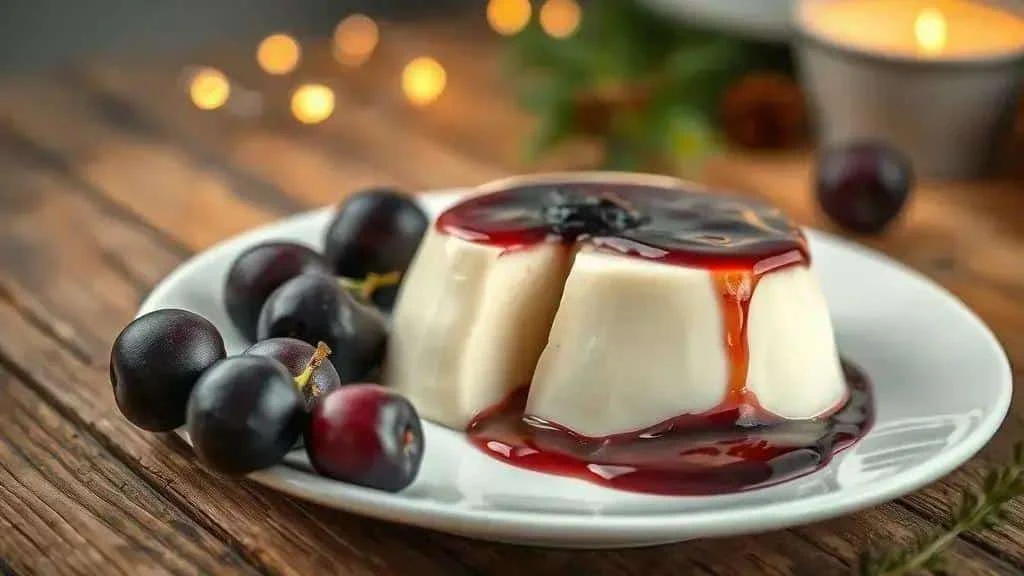 White coconut pudding with dark fruit sauce