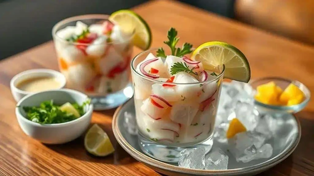 White fish ceviche served in glasses with lime and coriander