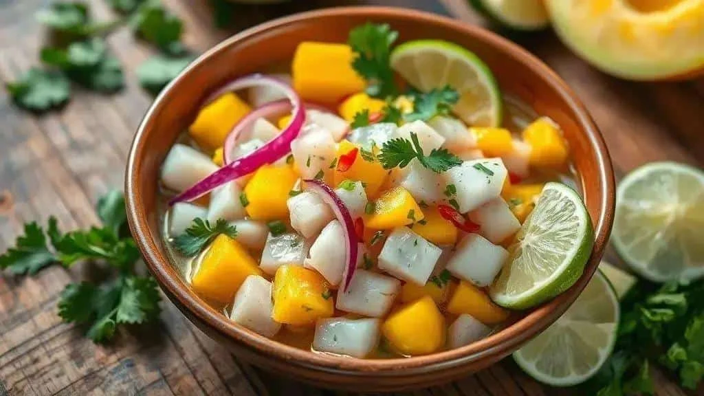 White fish ceviche with mango, red onion and lime