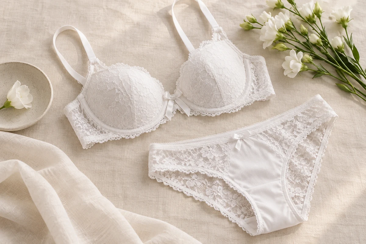 White lingerie on linen beside white flowers