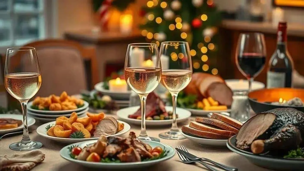 White wine and red wine beside roast meat and vegetables