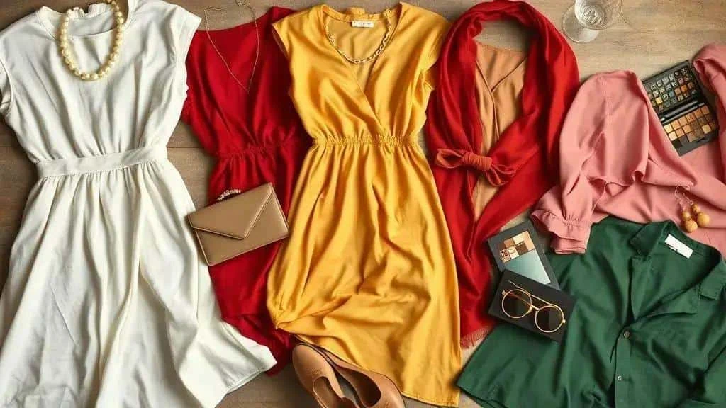 White yellow red pink and green clothes arranged with accessories