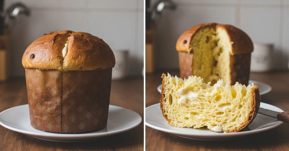 Whole and sliced panettone displayed side by side