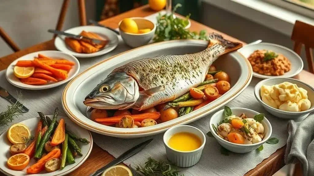 Whole baked fish served with roast vegetables