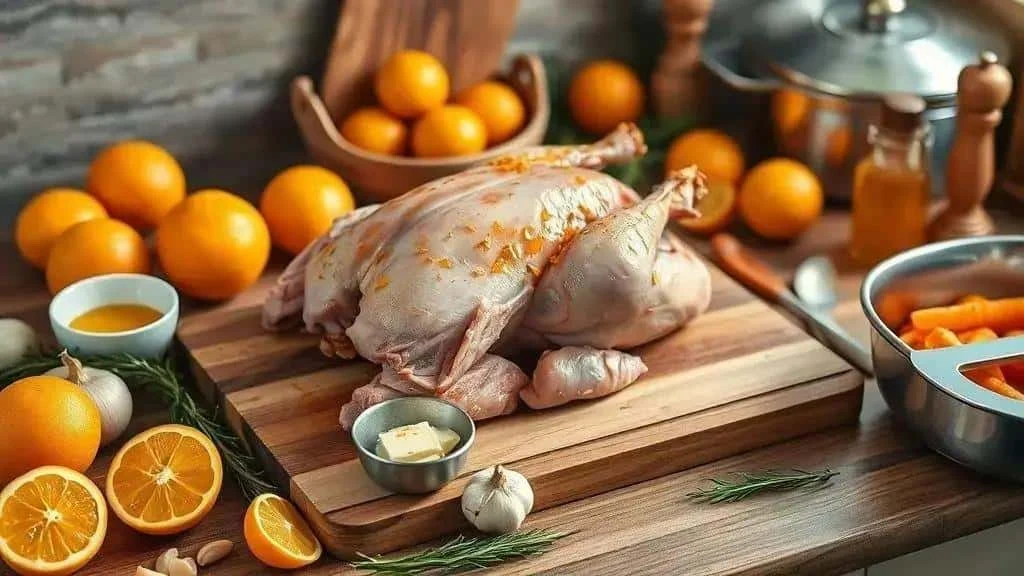 Whole duck with orange and herb ingredients