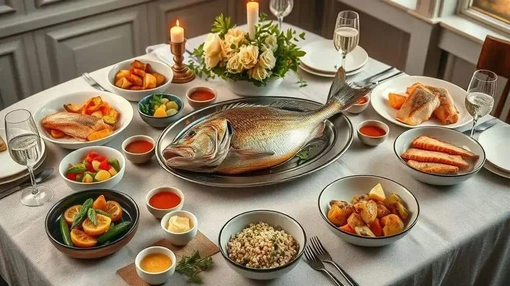 Whole fish on a festive dining table