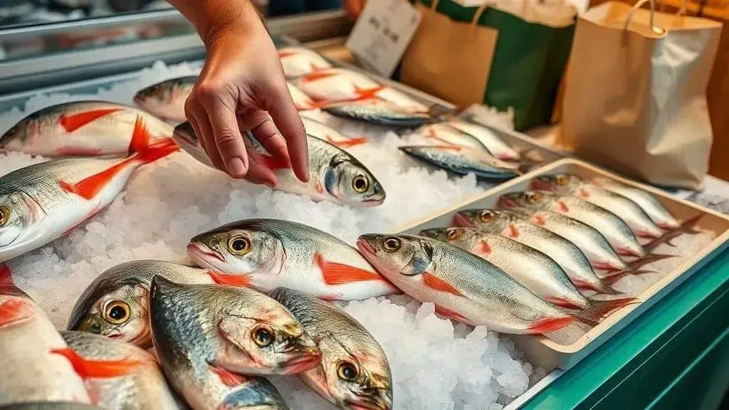 Whole fish on ice at a market