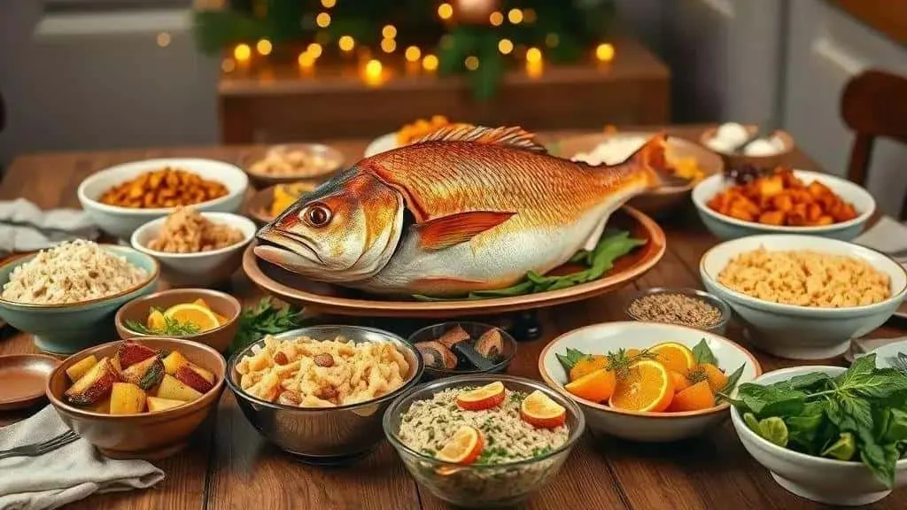 Whole fish served with rice, vegetables and farofa