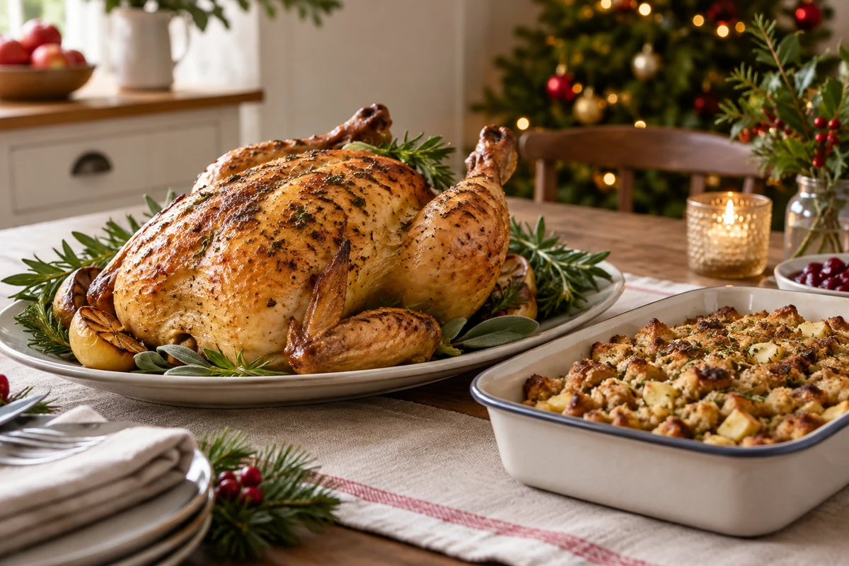 Whole golden roast chicken beside a separate shallow baking dish of bread and apple stuffing