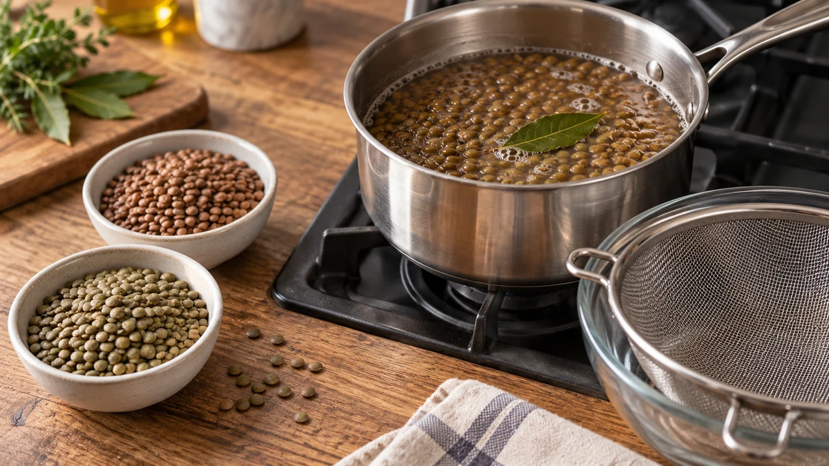 Whole lentils simmering beside a sieve for draining