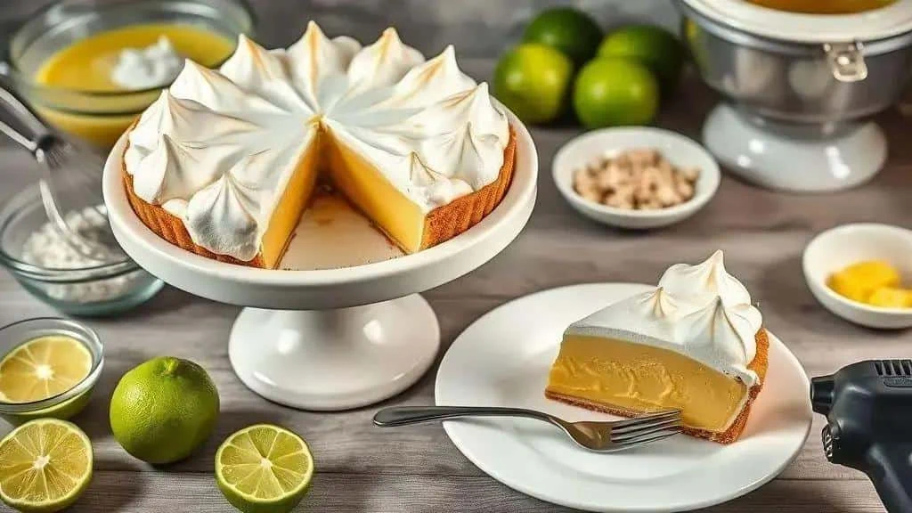 Whole meringue tart and a slice beside green limes