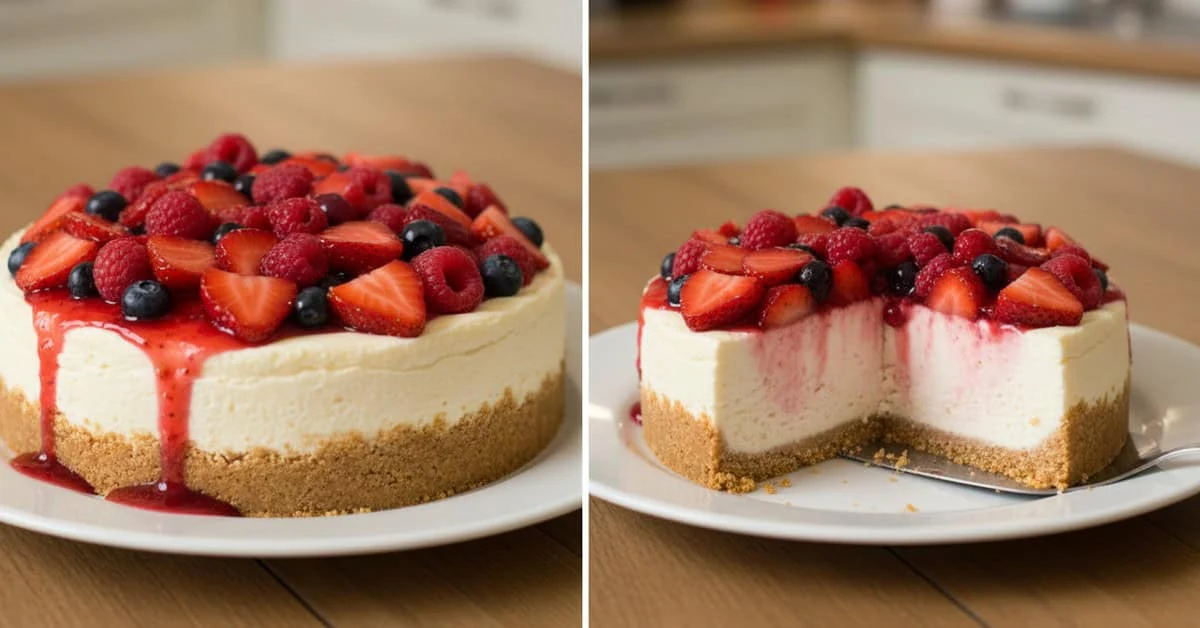 Whole mixed berry cheesecake and a cut slice