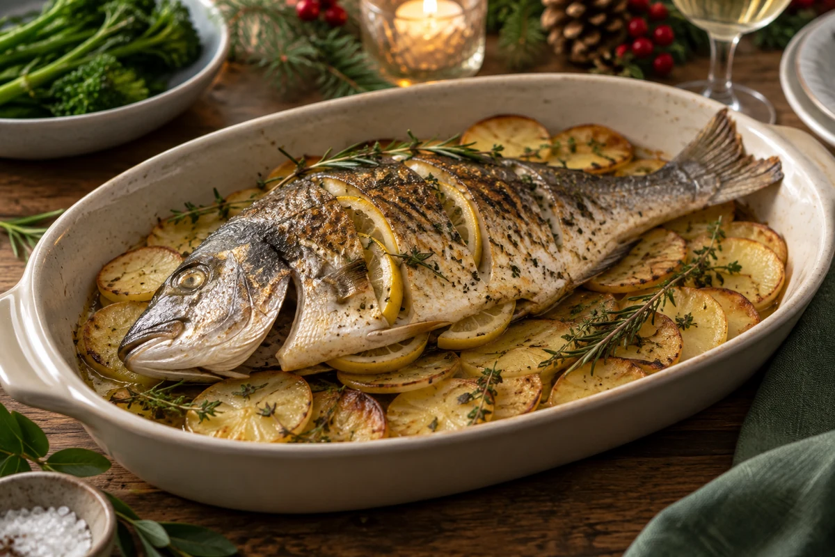 Whole oven-baked sea bream with lemon and herbs on thin cooked potato slices