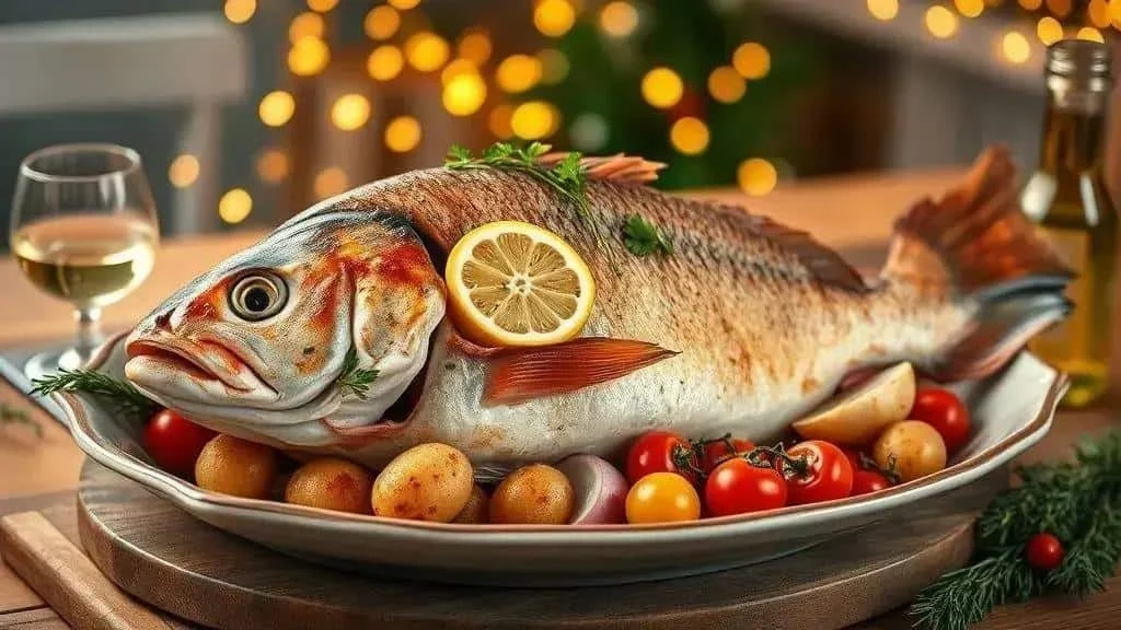 Whole roast fish with lemon, herbs and potatoes