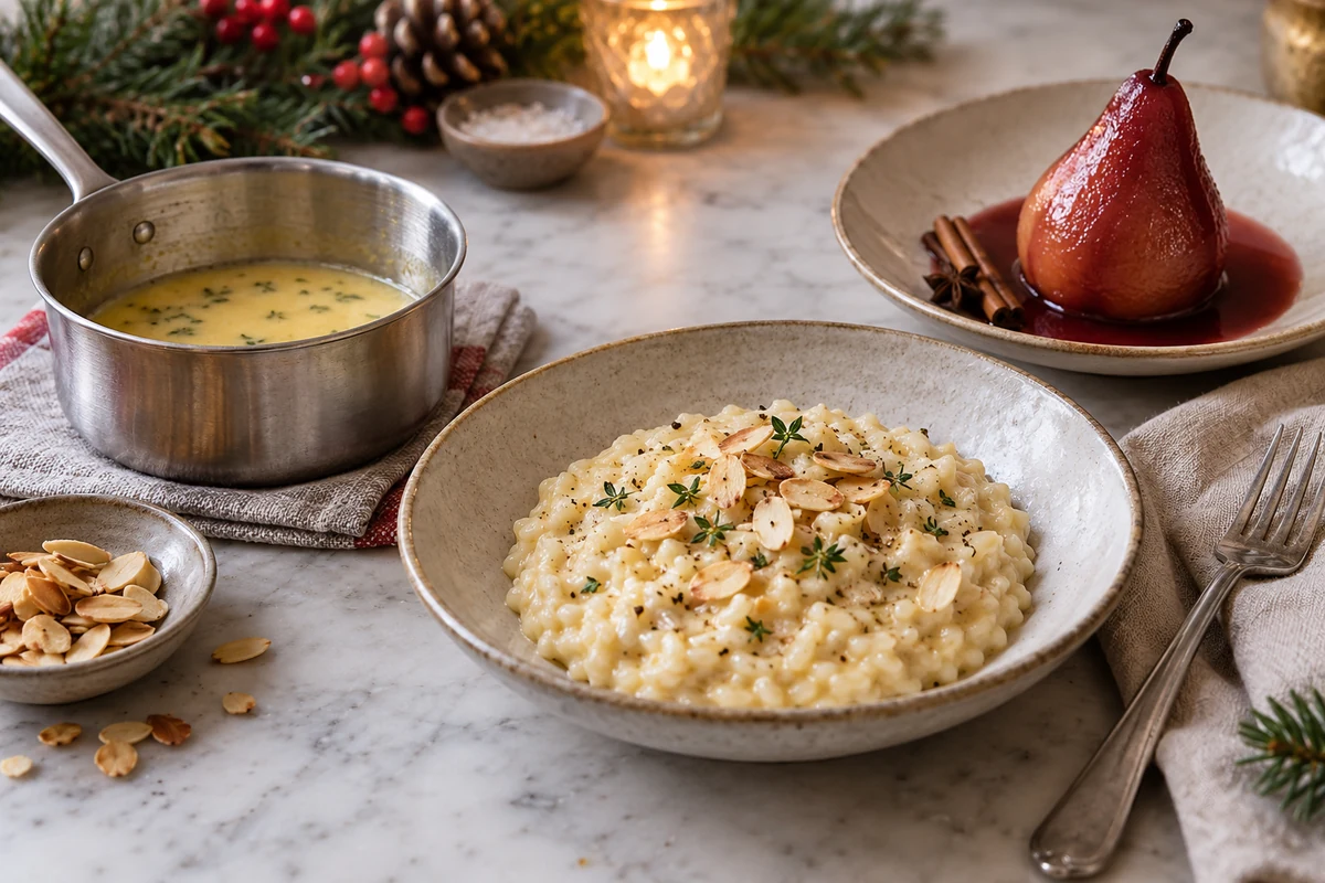 Wine butter sauce, creamy risotto and poached pear in a kitchen