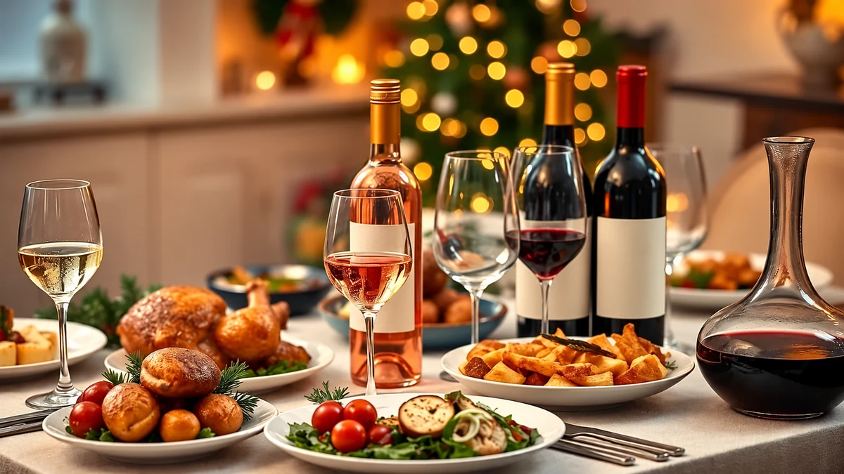 Wine glasses and bottles with roast dishes on a festive dinner table