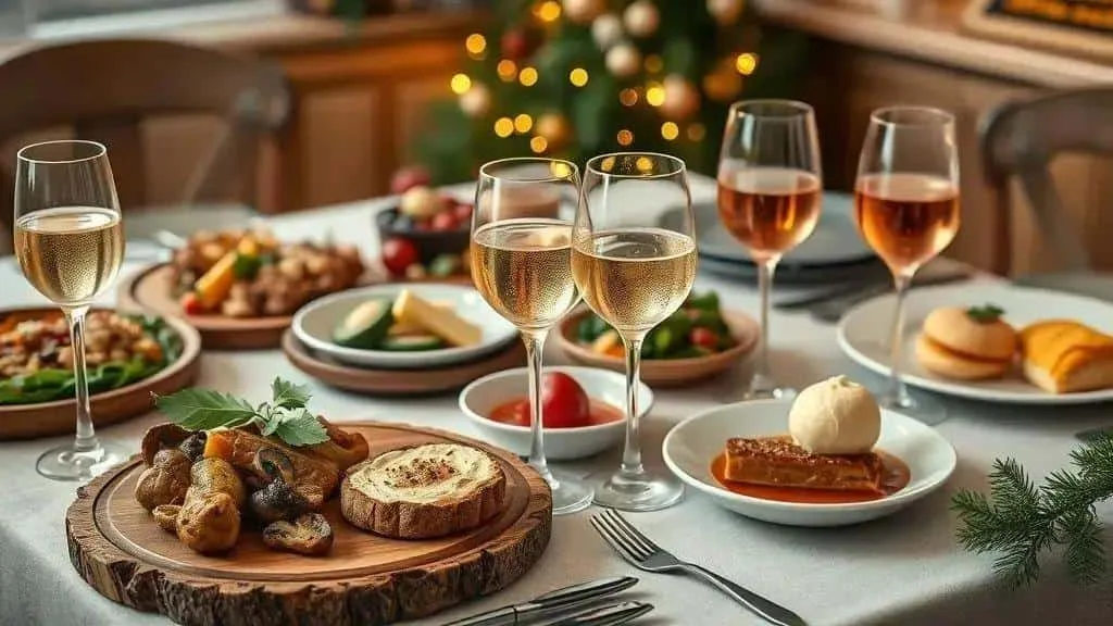 Wine glasses beside vegetable dishes and a festive plant-based spread
