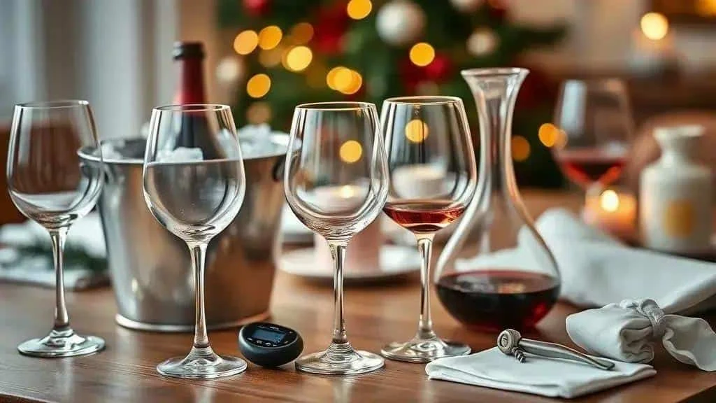 Wine glasses, ice bucket, decanter and serving accessories on a table