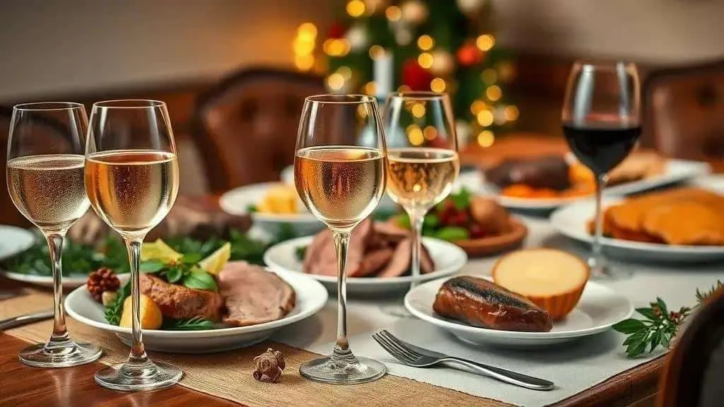Wine glasses with sliced roast meat and festive accompaniments