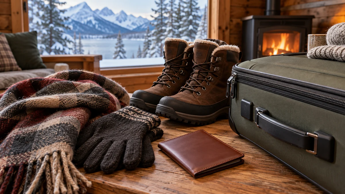Winter boots gloves and travel luggage