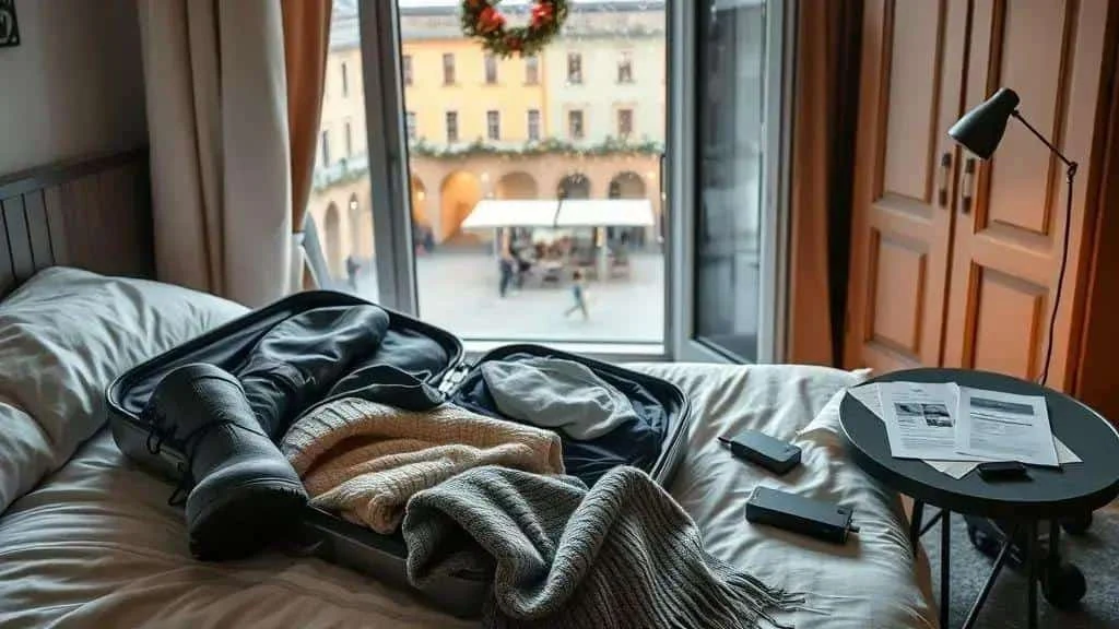 Winter clothes packed in a suitcase beside a hotel balcony