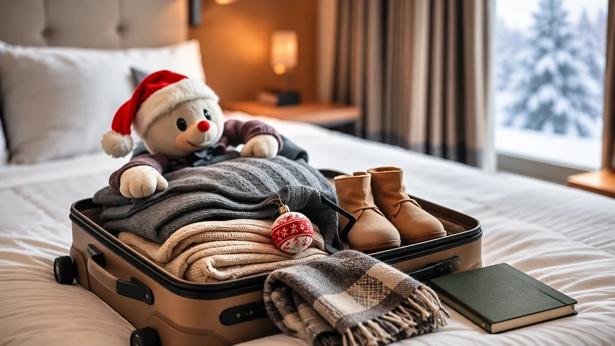 Winter clothing boots and a notebook packed for a family trip