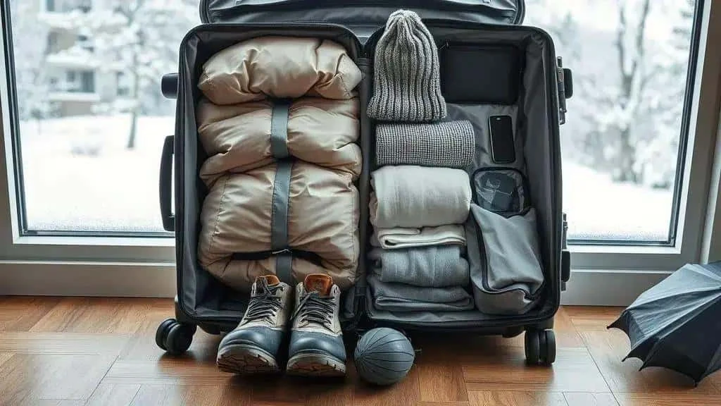 Winter coat and knitwear organised in a suitcase Winter coat and knitwear organised in a suitcase