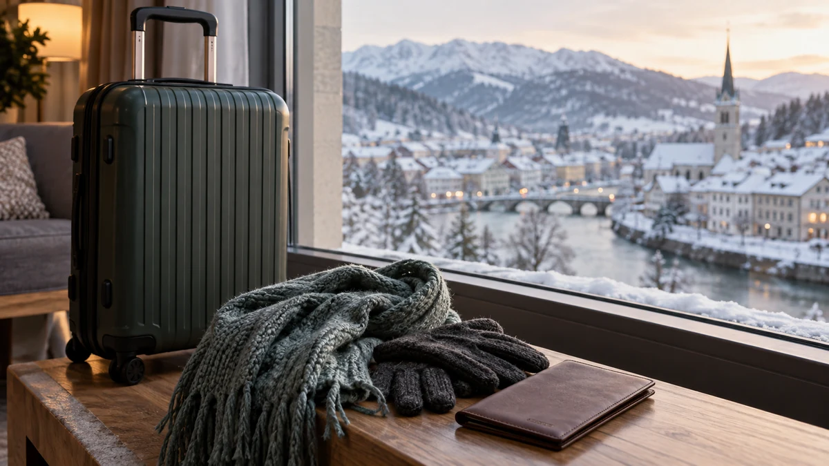 Winter luggage and travel documents beside a window