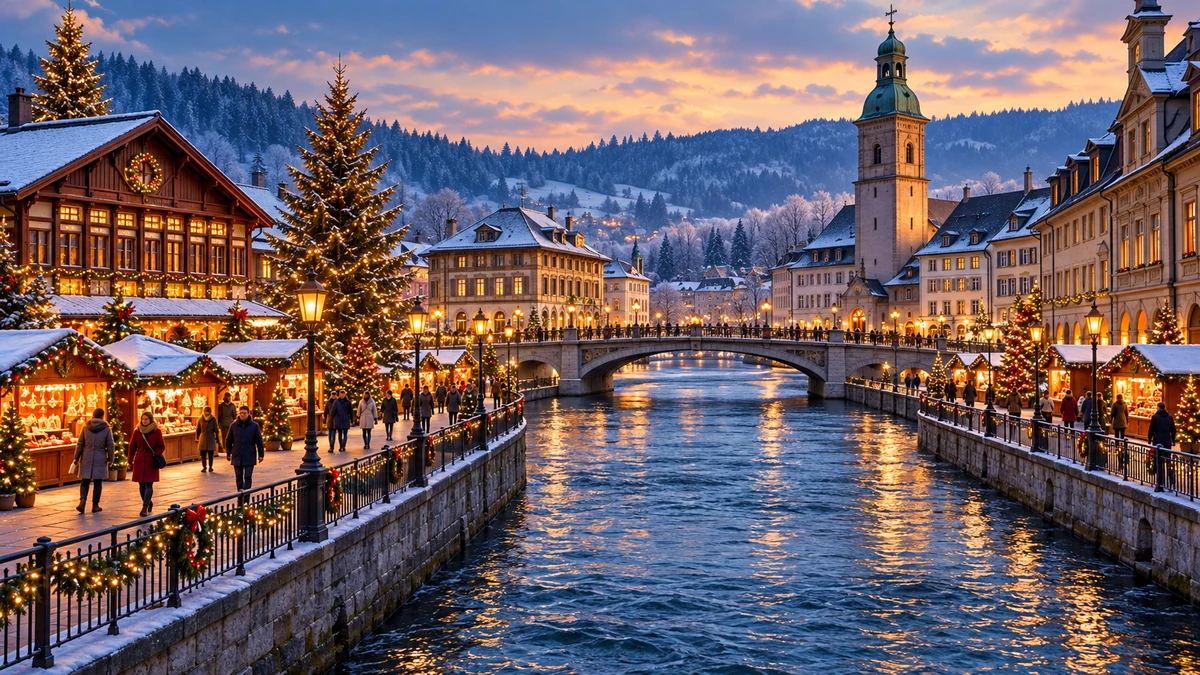 Winter riverside scene with a protected walkway Winter riverside scene with a protected walkway