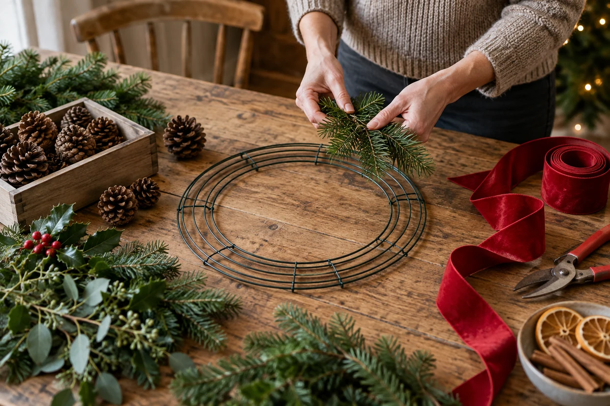 Wire wreath ring ribbon pine cones and greenery on a craft table