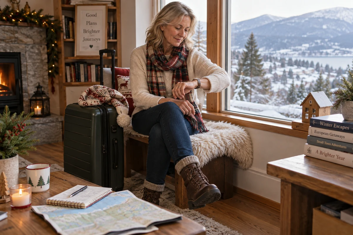 Woman checking her watch before a winter trip Woman checking her watch before a winter trip