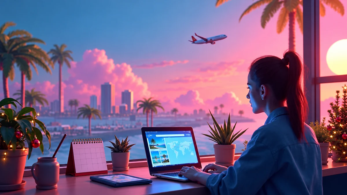 Woman planning travel with a desk calendar Woman planning travel with a desk calendar
