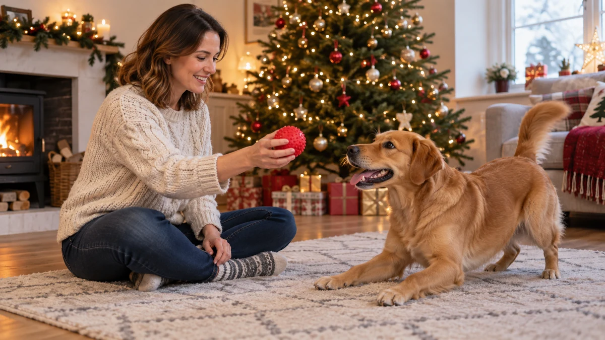 Woman playing with a dog using a rubber ball