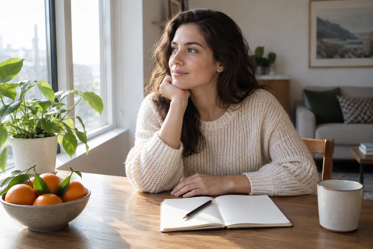 Woman reflecting with a notebook