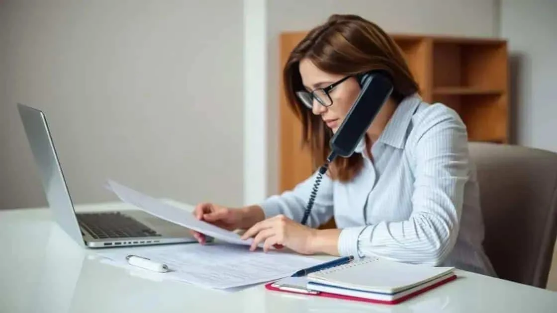 Woman speaking on the phone while reviewing documents