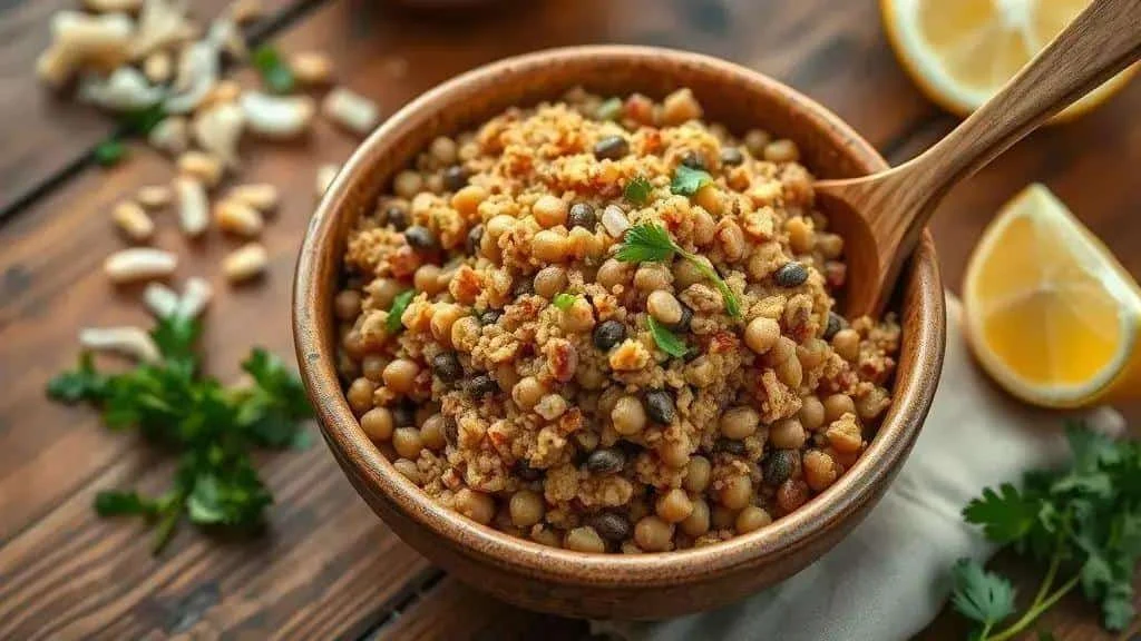 Wooden bowl and spoon filled with lentil farofa