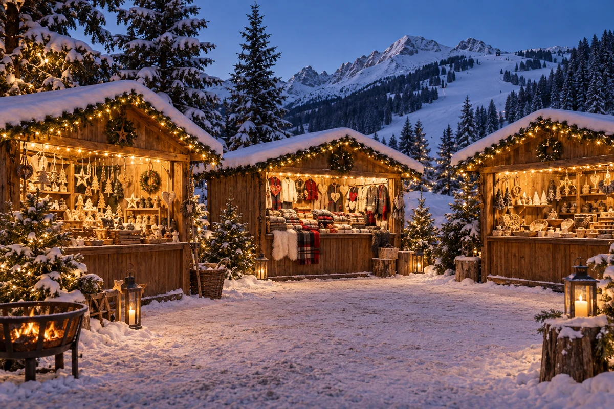 Wooden Christmas market stalls on a snowy evening Wooden Christmas market stalls on a snowy evening