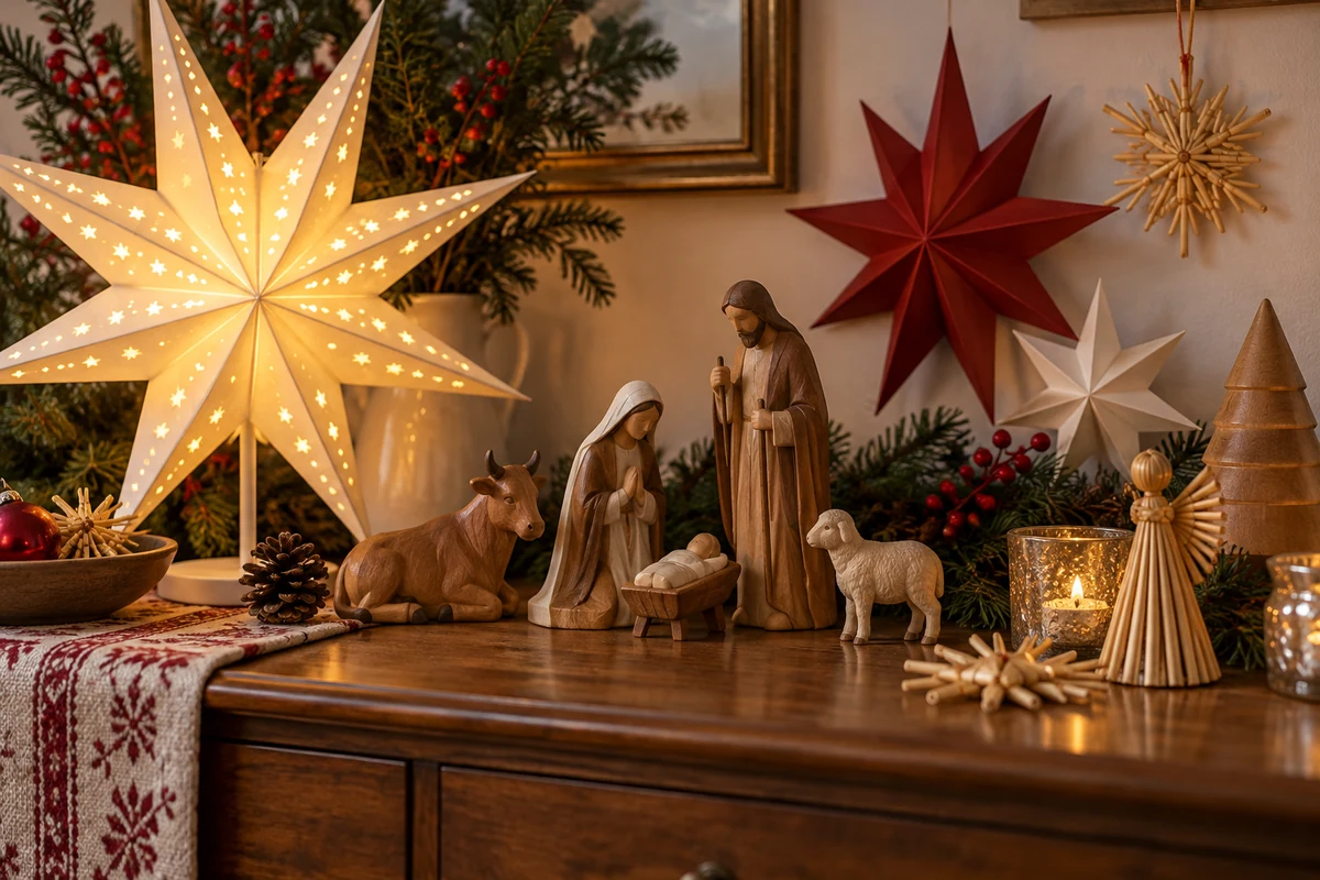 Wooden Nativity figures with paper and straw decorations