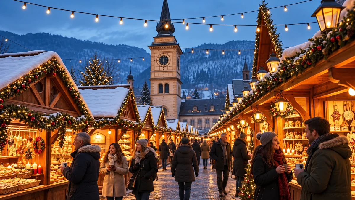 Wooden stalls at an Alpine Christmas market Wooden stalls at an Alpine Christmas market
