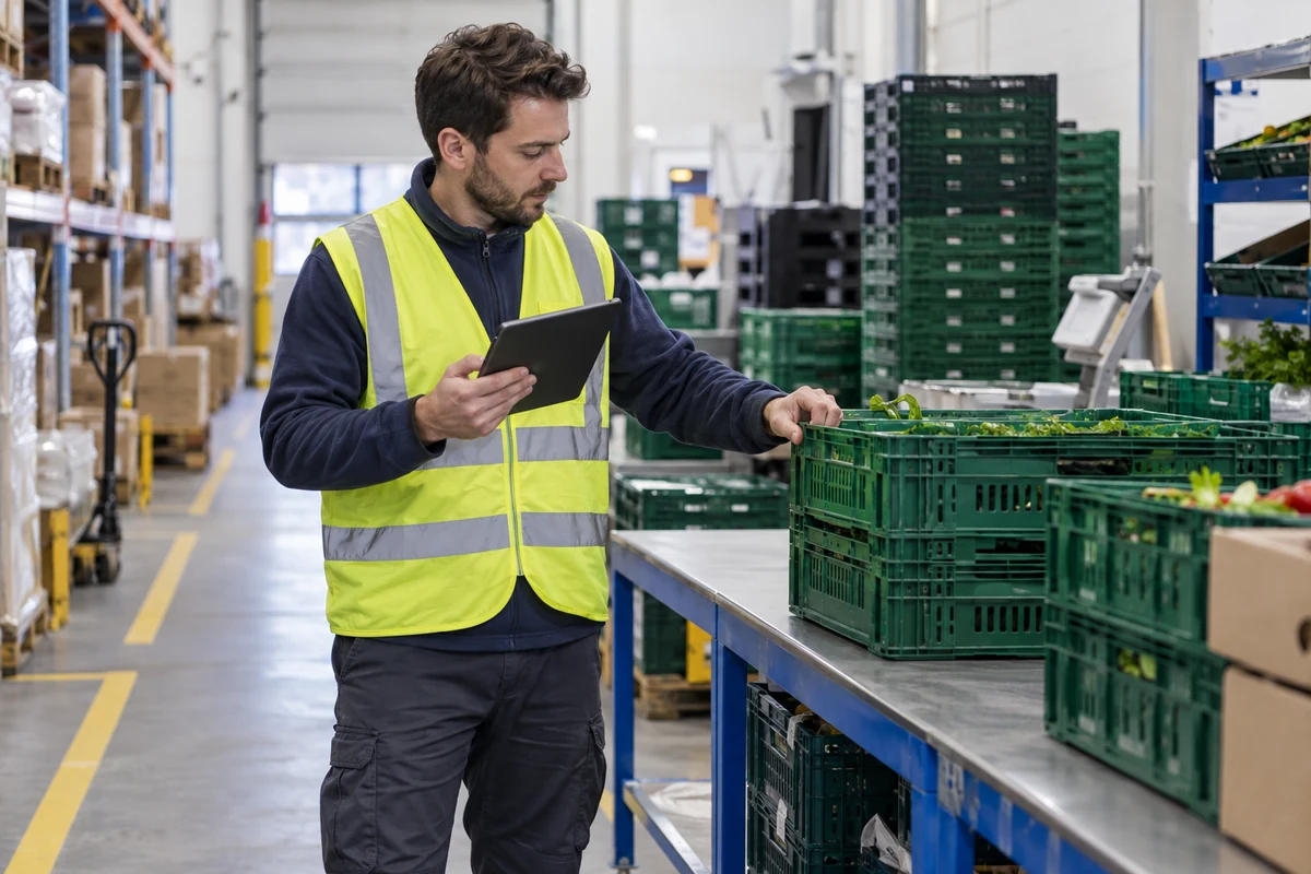 Worker checking reusable delivery crates Worker checking reusable delivery crates