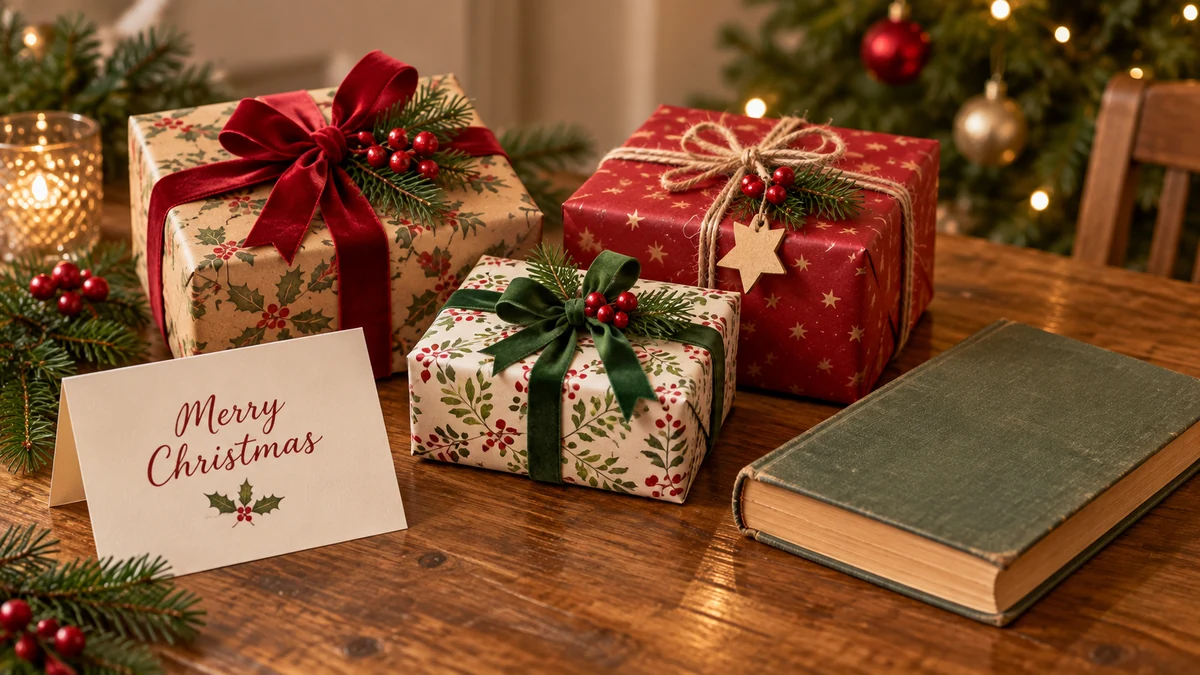 Wrapped Christmas gifts with a plain book and greeting card Wrapped Christmas gifts with a plain book and greeting card