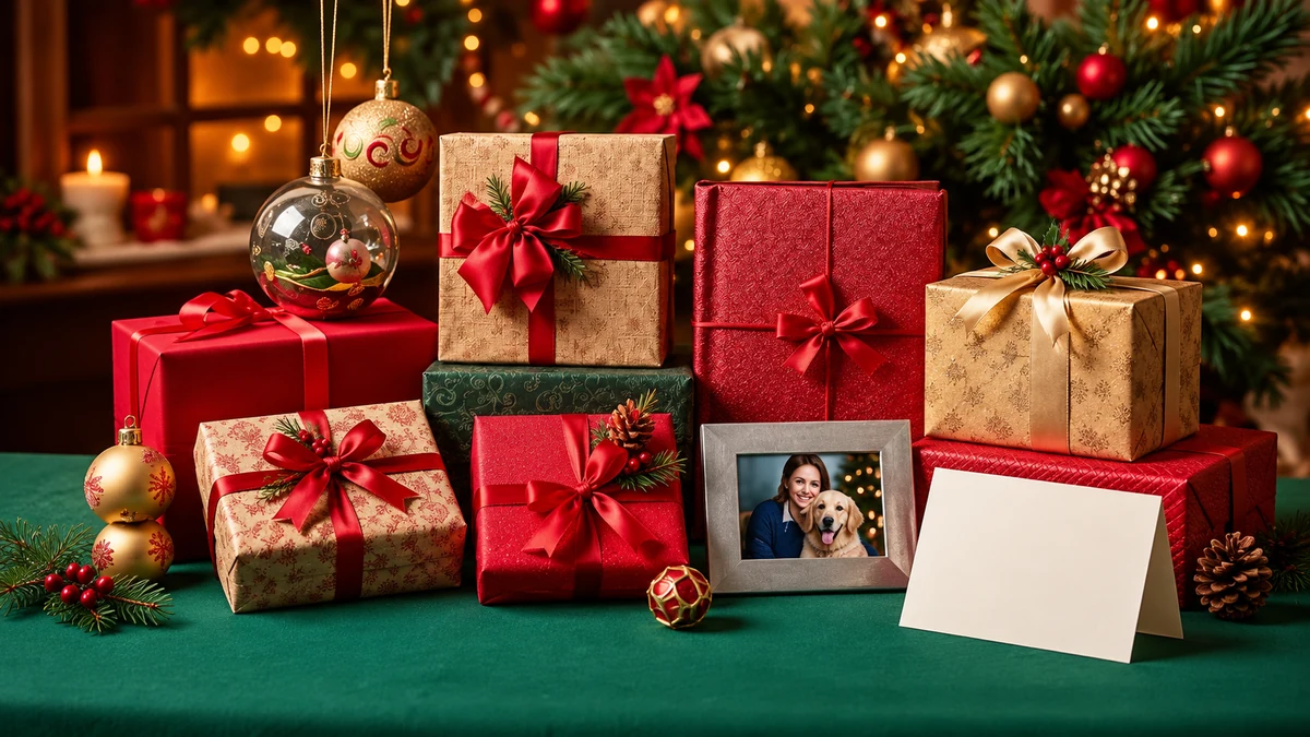 Wrapped Christmas presents with a blank greeting card